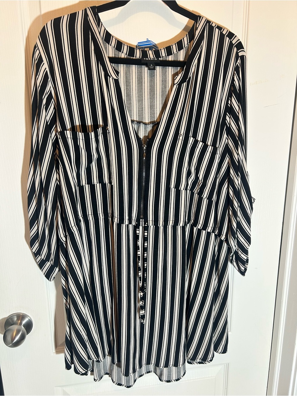 Black and White Striped V-Neck Shirt